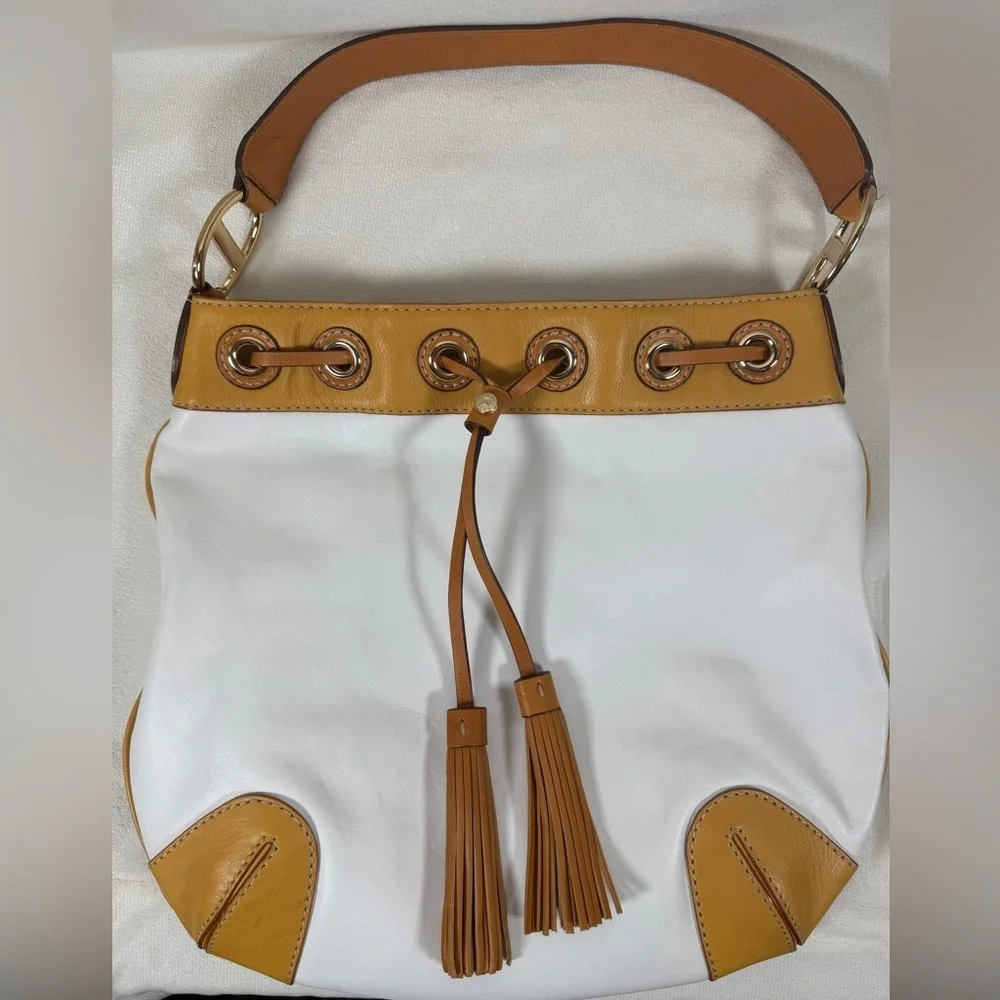 Michael Kors White And Tan Leather Bucket Bag